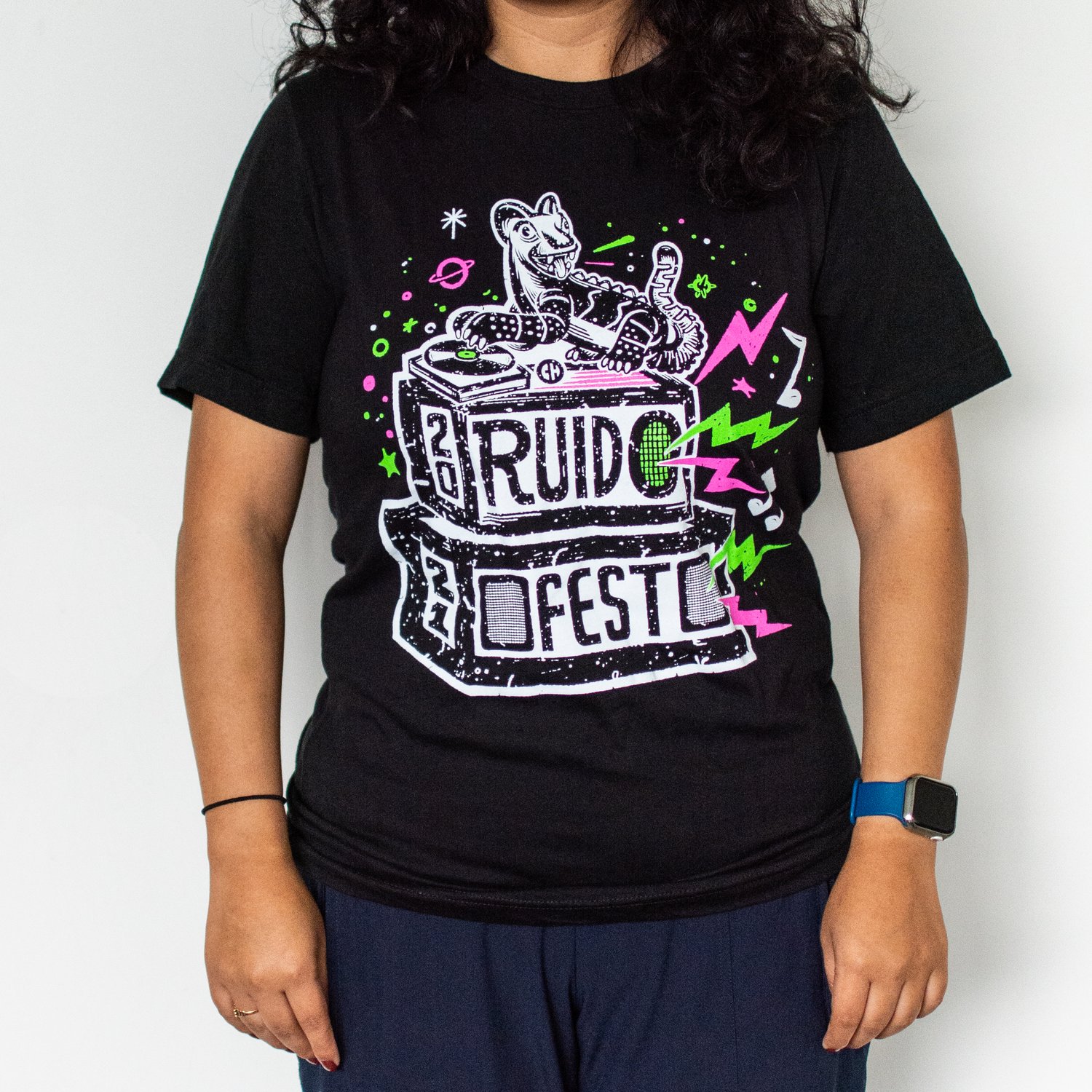 Image of Ruido Fest 2021 T-Shirt - Feline Dj in Green & Pink