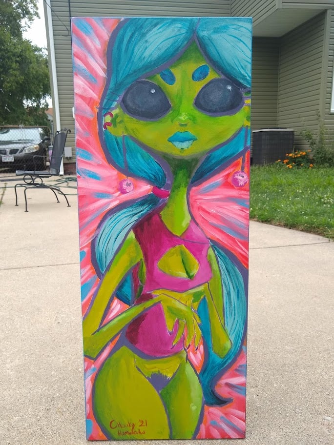 Image of 'Big Eyes, Blue Hair' | Original Painting | 16"x40", Acrylic on Canvas