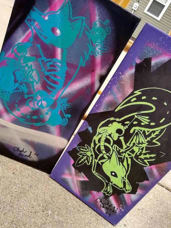 Image of Skeleton Critters | Green Fox, Blue Wolf | 10x20, Screen Printing and Spray Paint