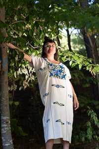 Image 4 of Typical White Huipil Blue Peacocks "Amuzgos", Oaxaca