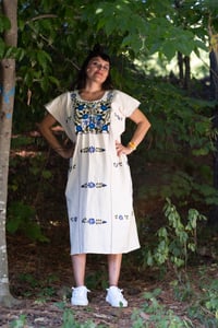 Image 1 of Typical White Huipil Blue Peacocks "Amuzgos", Oaxaca