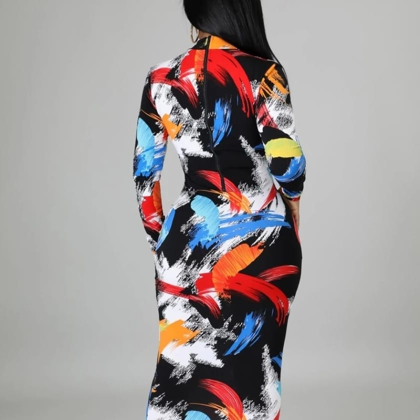 Print Zipper back long dress 