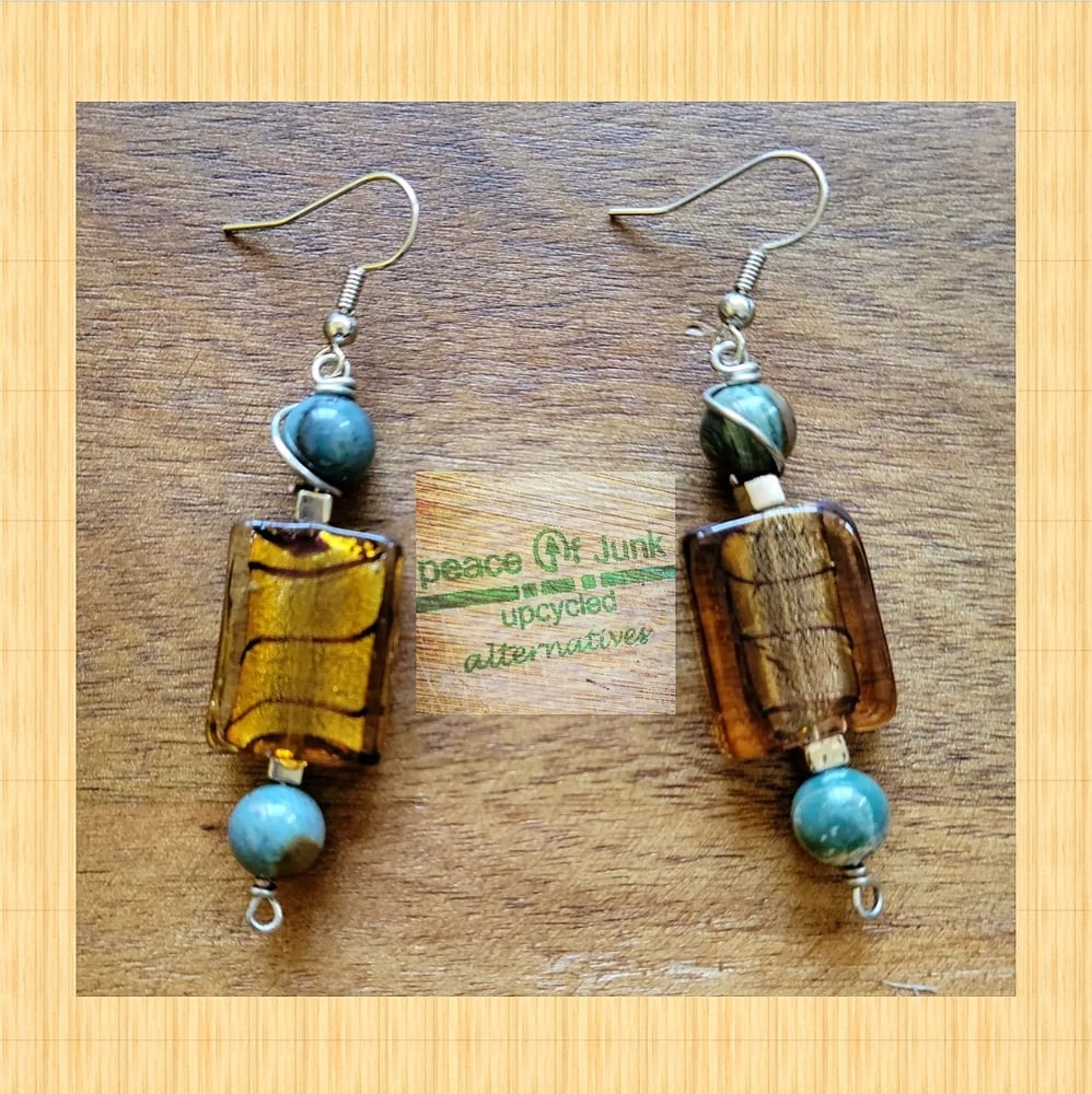 Image of BROWN #GLASS #BLUEAPATITE SILVER #WIREWRAPPED EARRINGS