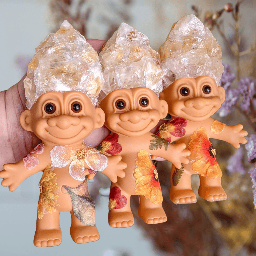 MADE TO ORDER: Pressed Flower Troll with Citrine Golden Amethyst hair 6.5"
