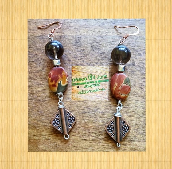 Image of #UNAKITE #SMOKYQUARTZ MULTIMETAL ABSTRACT #EARRINGS 