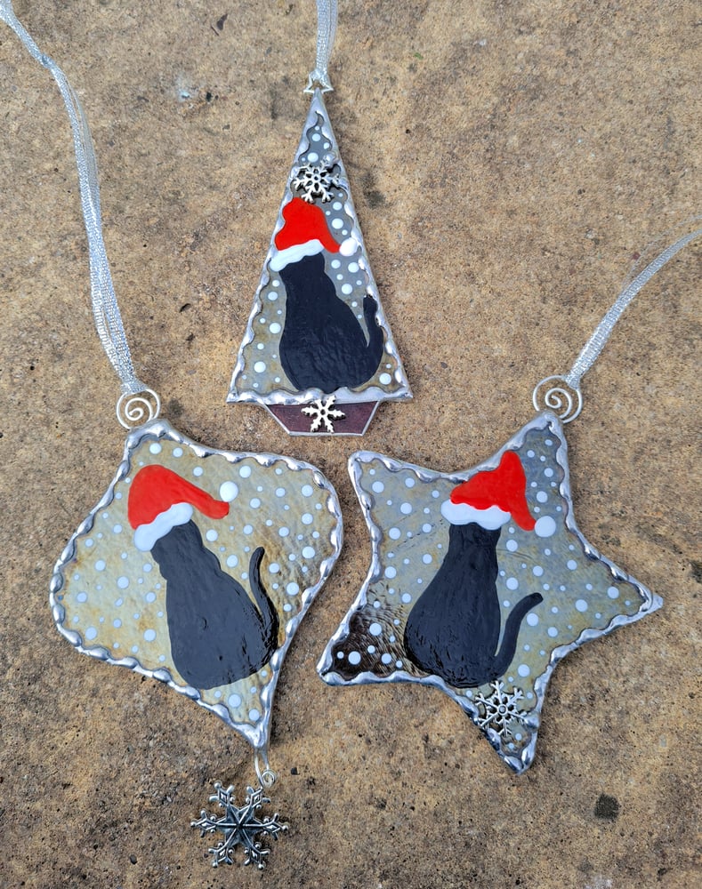Image of Trio of Handpainted Cat Christmas Decorations