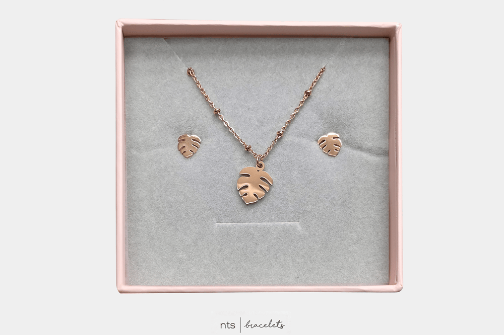 Image of LIMITED EDITION ROSE GOLD MONSTERA  NECKLACE & EARRING BUNDLE (Rose Gold)