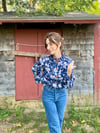 Navy and White Button-Front  Blouse (Size Small)