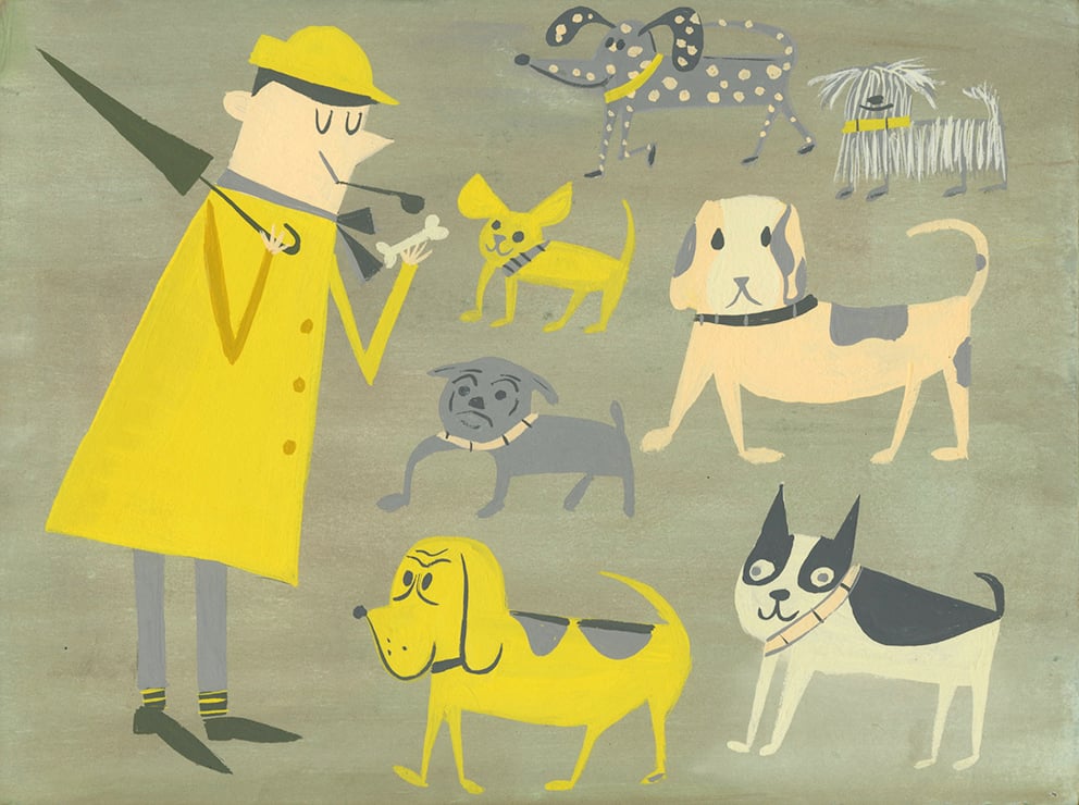 Image of Hulot and his dog friends. Limited edition print.