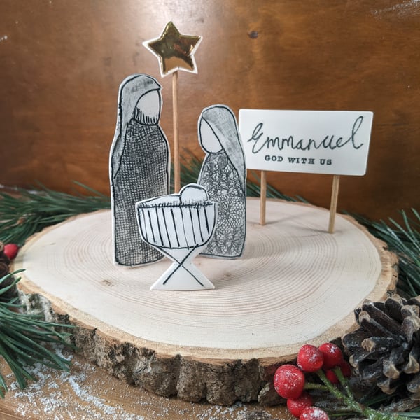 Image of Nativity Scene on Wooden Slice