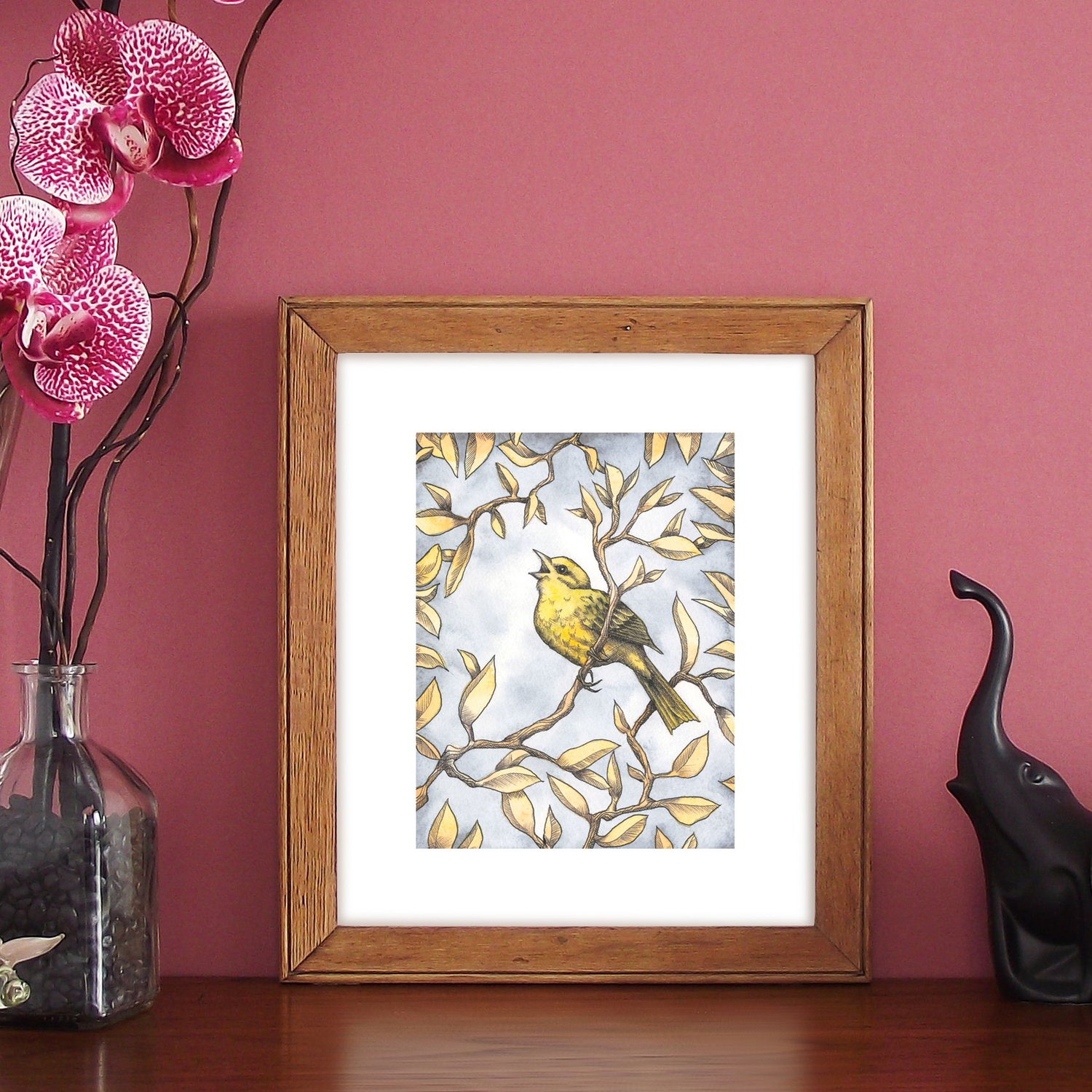 Image of Print of a singing yellow bird 