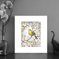 Image 1 of Print of a singing yellow bird with free Art Card