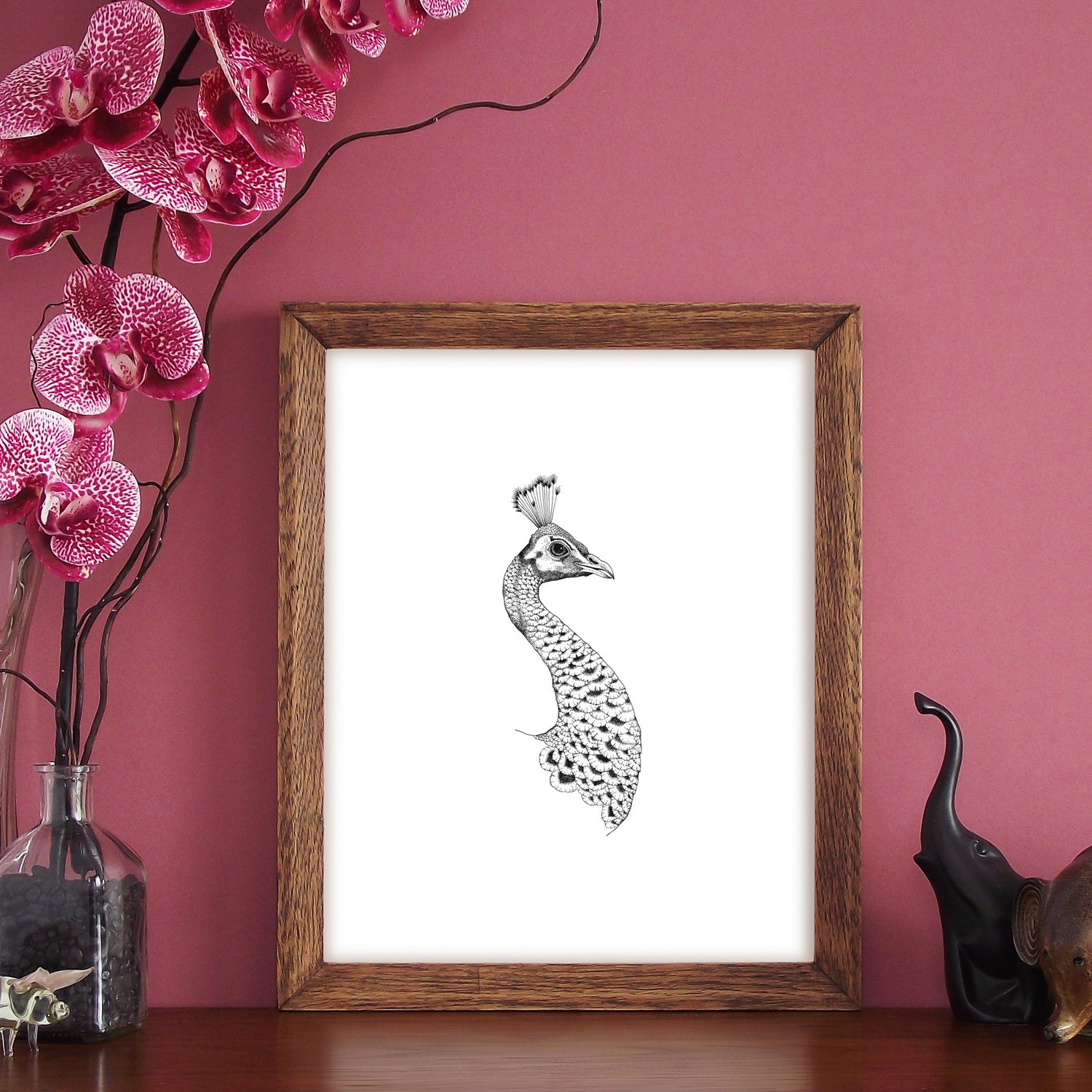 Image of Black & white print of a Peacock head 