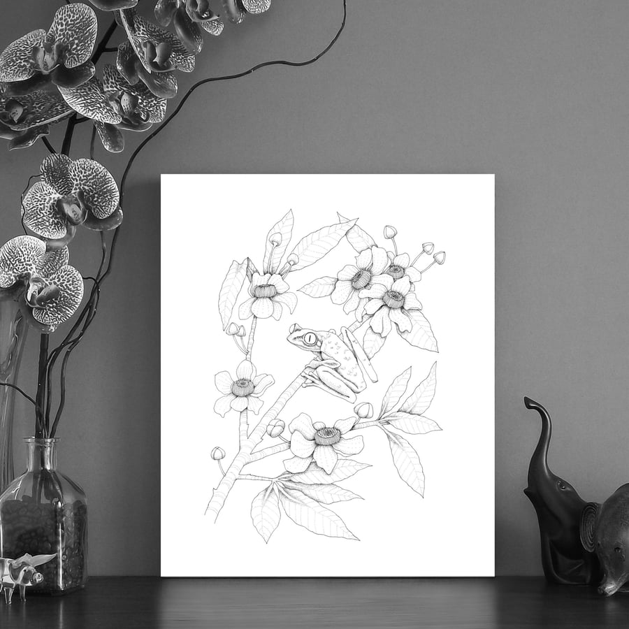Image of Black & white print of a tree frog 