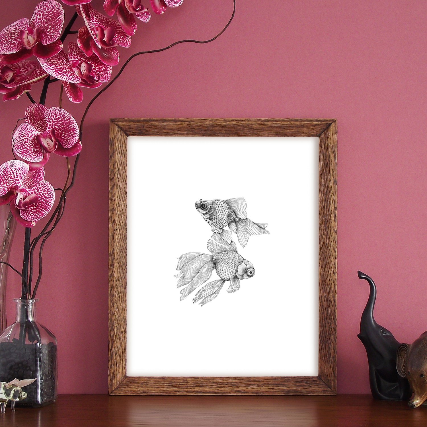 Image of Black & white print of two fancy fish 