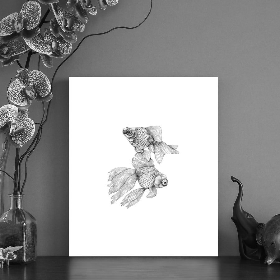 Image of Black & white print of two fancy fish 