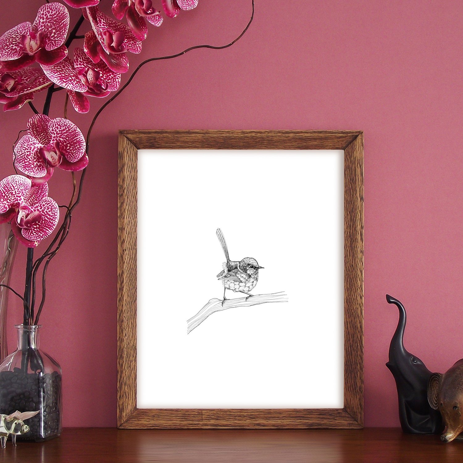 Image of Black & white print of a Fairy wren