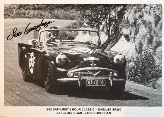 Image of Bathurst 1962 6 Hour Classic. Race won by Leo & Ian Geoghegan in a Daimler SP250. Photo signed Leo G