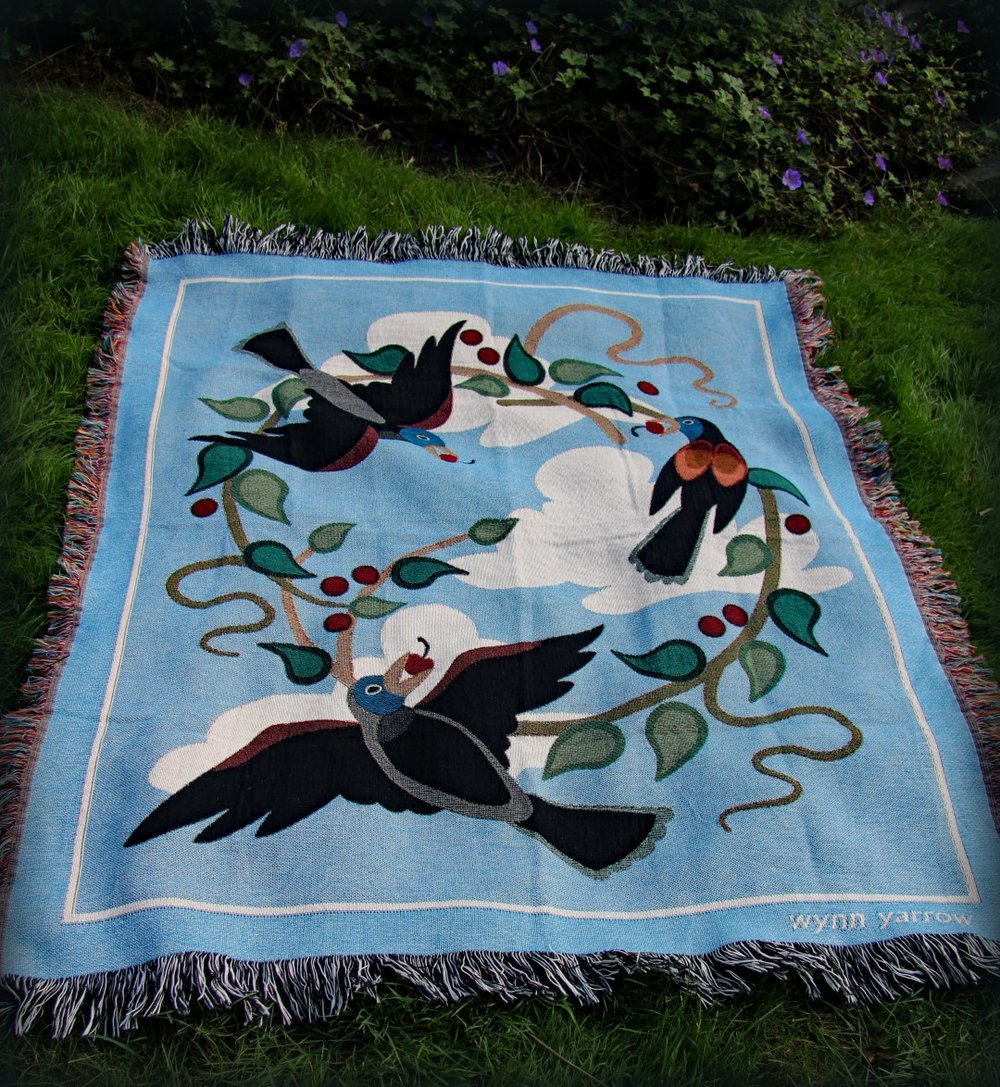 Image of "Cherry Thief" Woven Coverlet in Sky Blue.