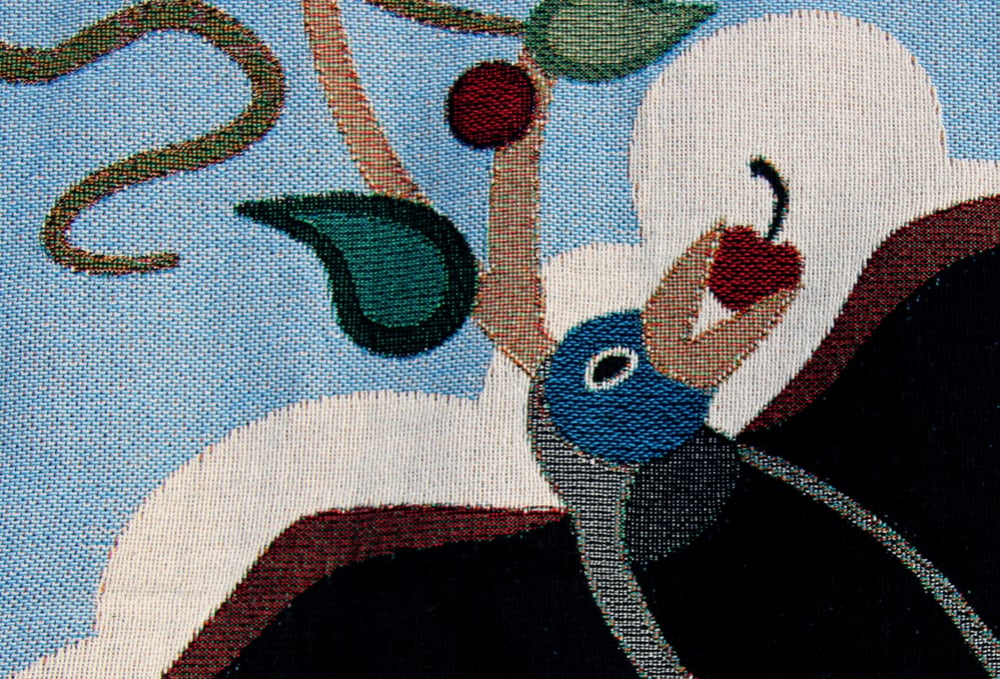 Image of "Cherry Thief" Woven Coverlet in Sky Blue.