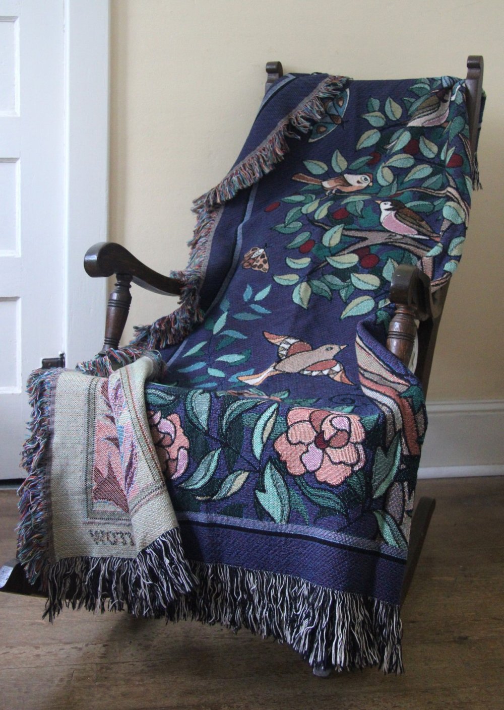 Image of "Tree of Birds" Woven Coverlet in Aubergine 