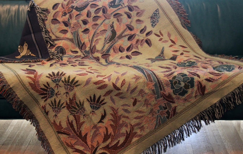 Image of "Tree of Birds" Woven Coverlet in Espresso 