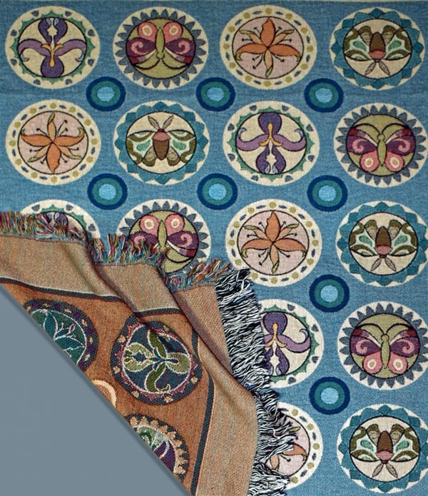 Image of "Butterfly Garden" Woven Coverlet in Denim Blue