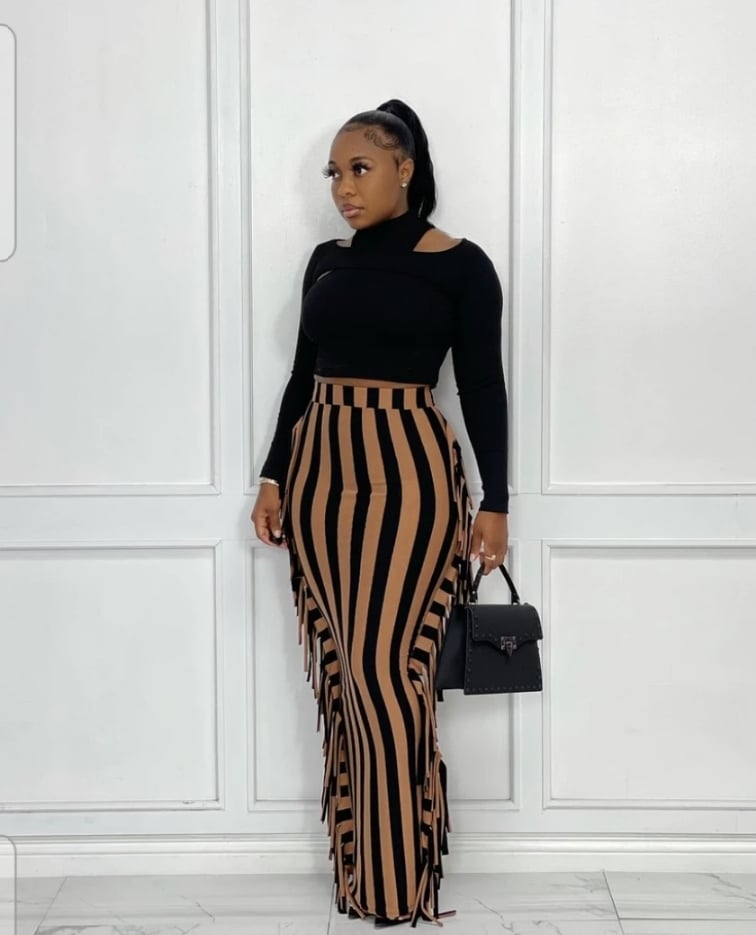  Mocha Black Stripe print Fringe Skirt