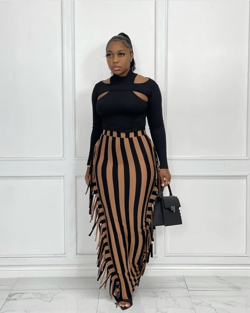  Mocha Black Stripe print Fringe Skirt