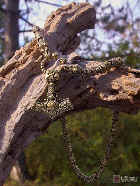 Image of Mjolnir with Valknut - Huginn & Muninn Bronze Chain