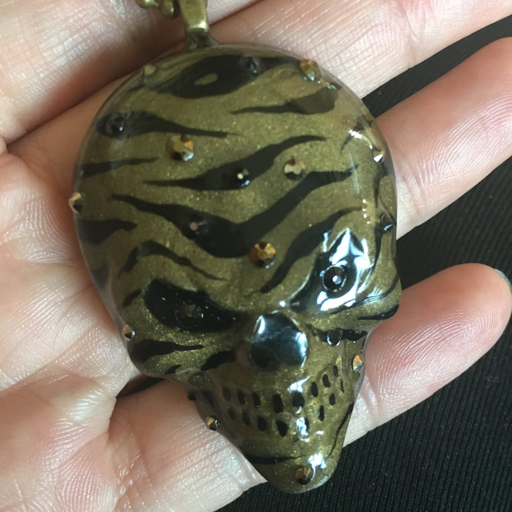 Bronze Zebra Stripe Hand Painted Resin Skull Pendant
