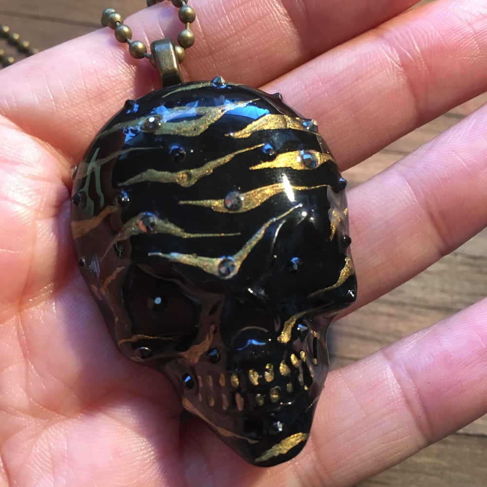Black/Bronze Zebra Stripe Hand Painted Resin Skull Pendant
