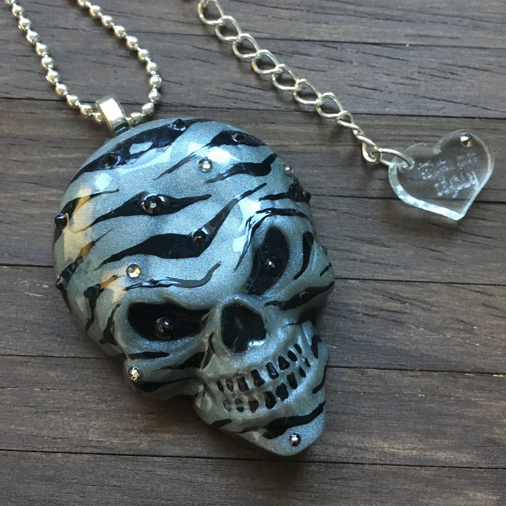 Silver Zebra Stripe Hand Painted Resin Skull Pendant
