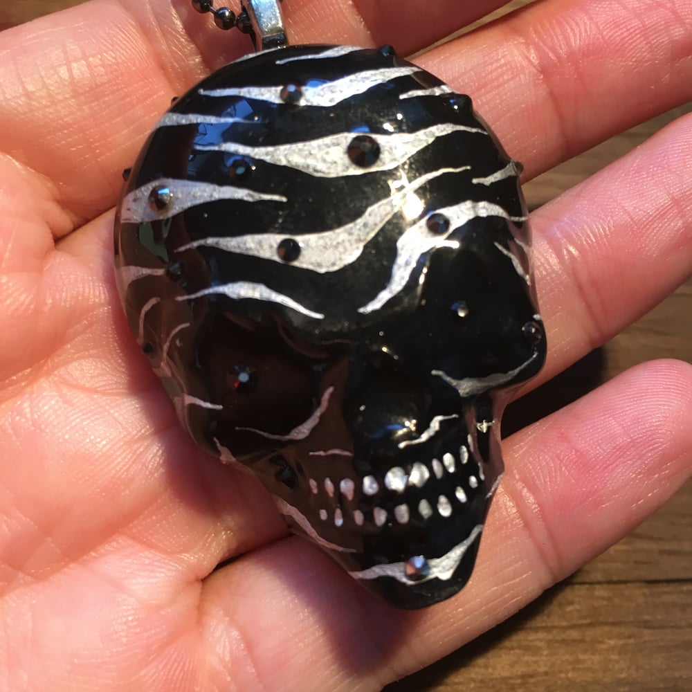 Black/Silver Zebra Stripe Hand Painted Resin Skull  Pendant