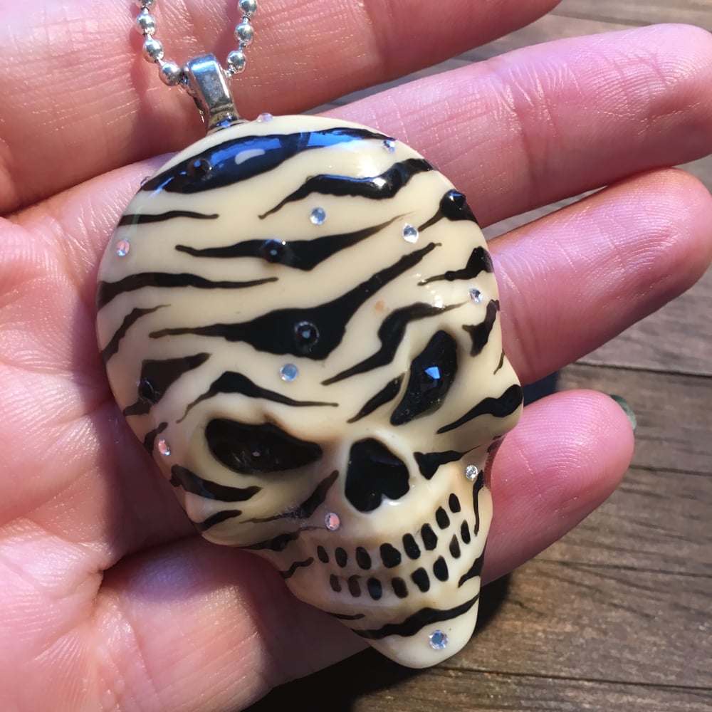 Ivory Zebra Stripe Hand Painted Resin Skull Pendant