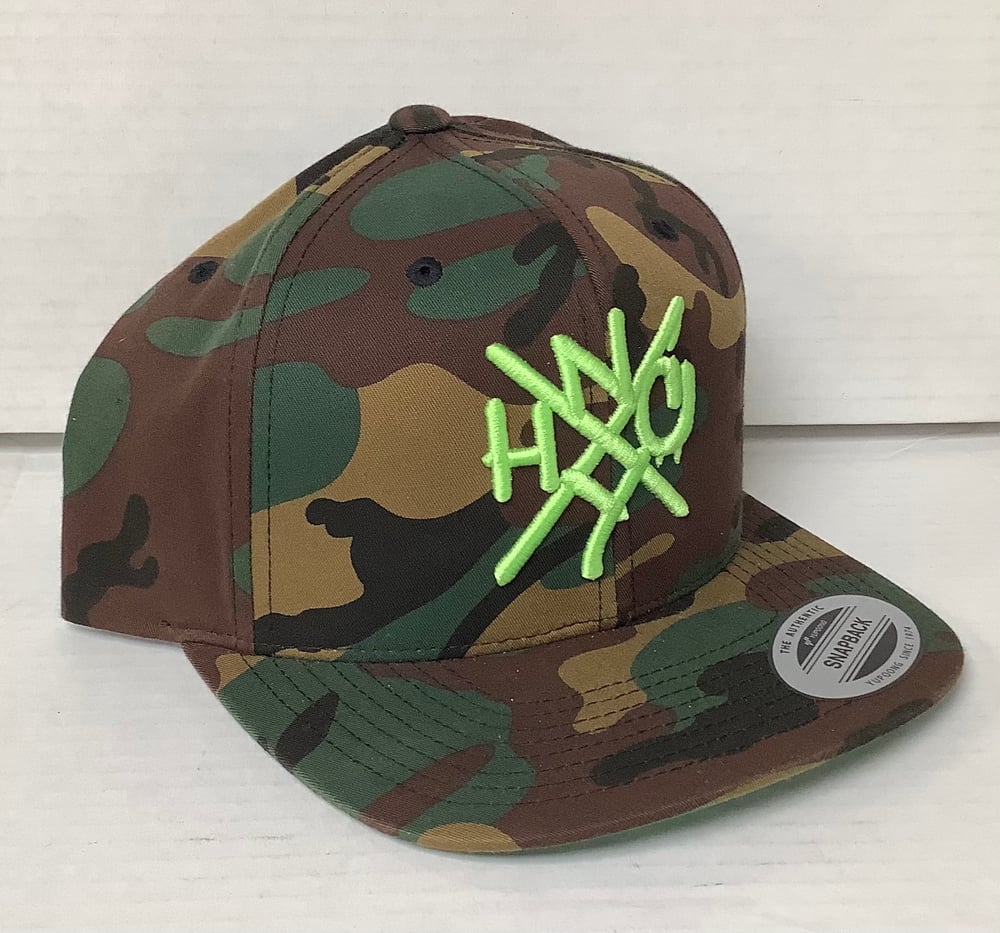 Image of ORIGINAL NYHC New York Hardcore Snapback Hat CAMOUFLAGE & FLUORESCENT GREEN