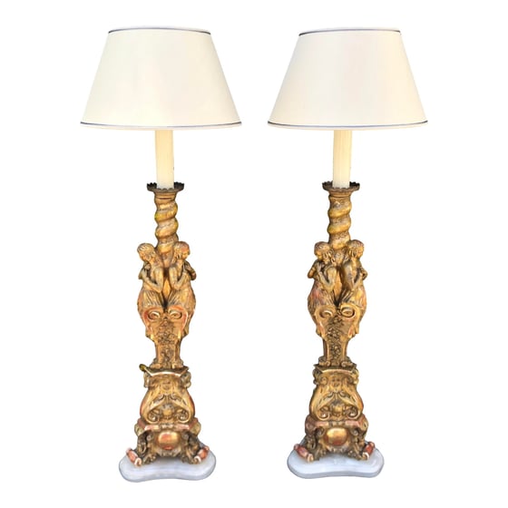 Image of Antique French Giltwood Figural Cathedral Candlestick Floor Lamps - a Pair