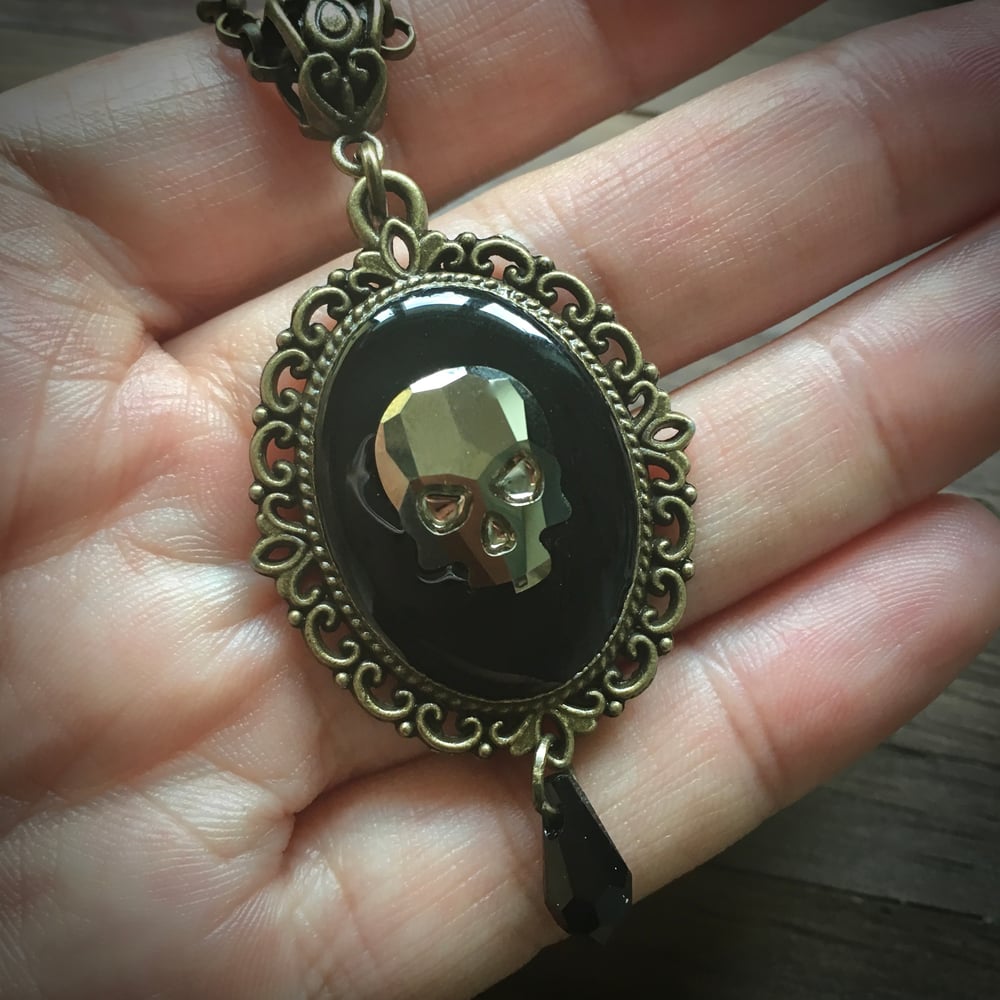 Bronze Crystal Skull Cameo Necklace