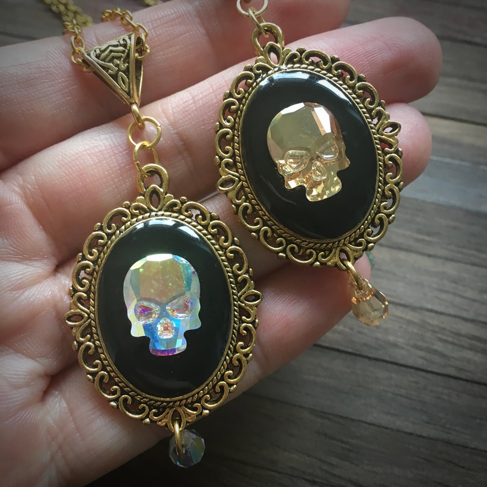 Antique Gold Crystal Skull Cameo Necklace 