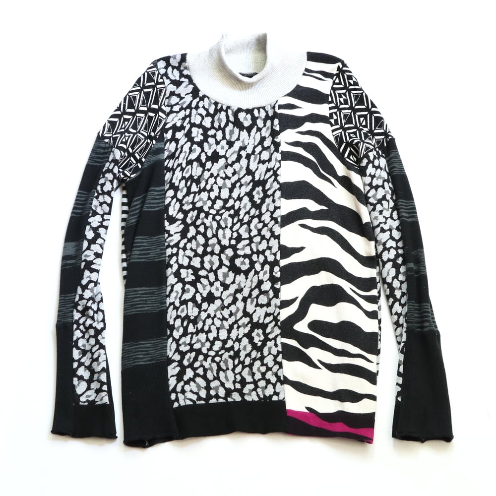 Image of black and white animal print grey gray patchwork 14 sweater top courtneycourtney longsleeve zebra