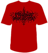 Image of Black logo on RED t-shirt