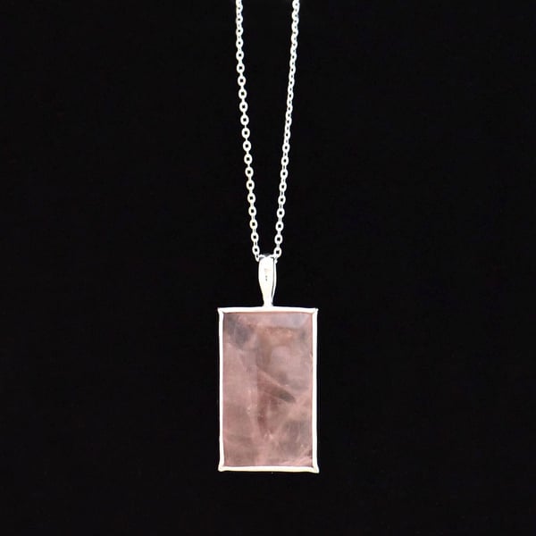 Image of Natural Rose Quartz rectangular shape cabochon cut silver necklace