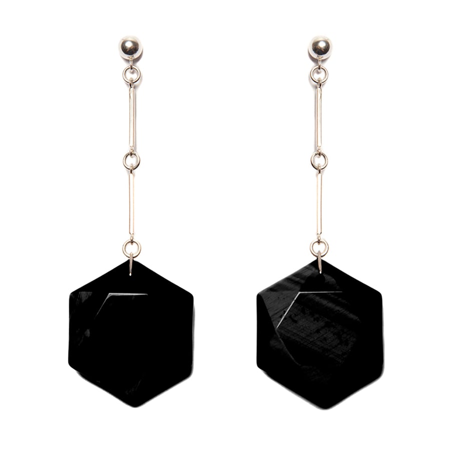 Image of "CODA" Black Onyx & Sterling Silver "Hex" Drop Earrings