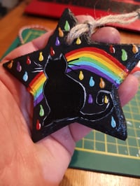 Rainbow drops cat on star