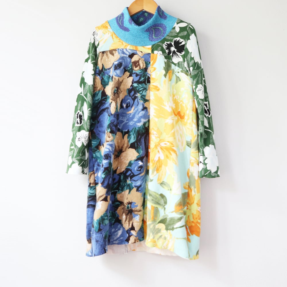 Image of superfloral 5/6 floral green blue courtneycourtney patchwork sweater turtleneck dress