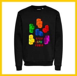 ADULTXS / SUDADERA UNISEX ALGODÓN TETRIS STOP LGTBIFOBIA / GRIS Y NEGRA