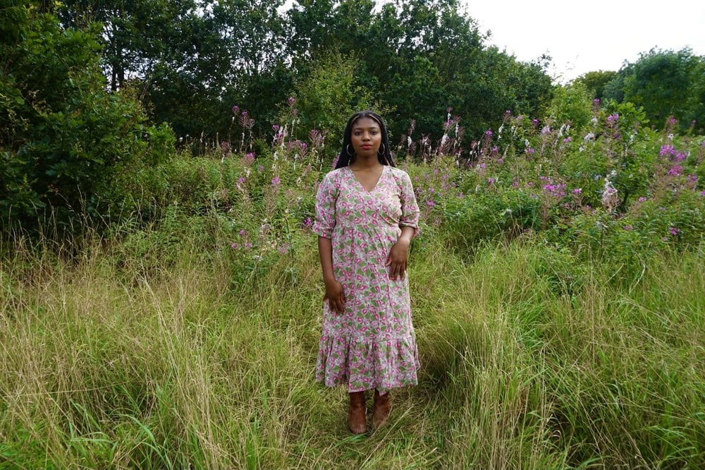 Image of The Adaline Dress in Block Print in Pink Delphinium