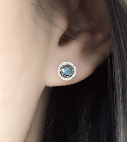 Image of Rose Cut Blue Topaz, Amethyst, PinkTourmaline or Rainbow Moonstone Stud Earrings with Diamonds 