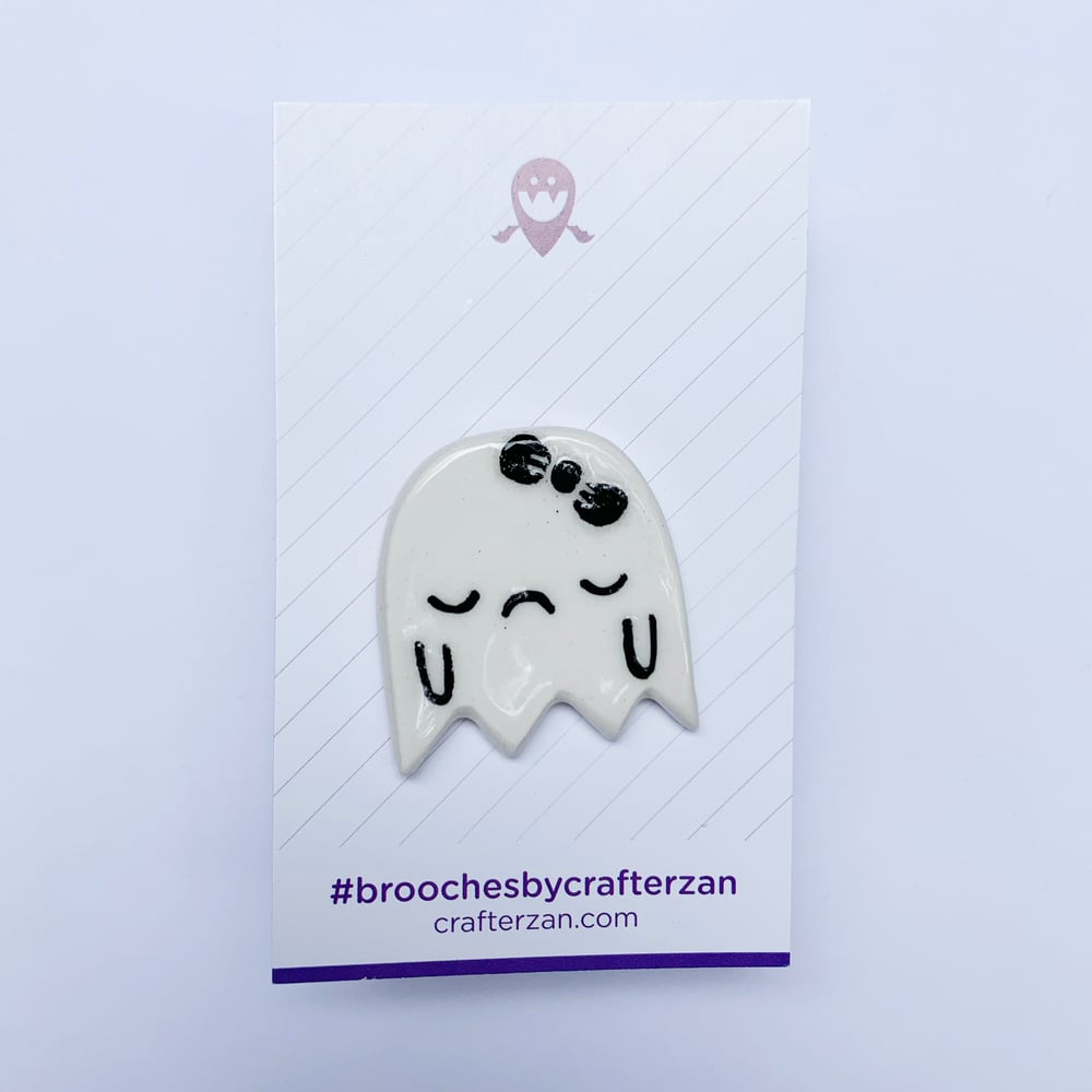 Image of Sad Ghost with Bow Ceramic Brooch