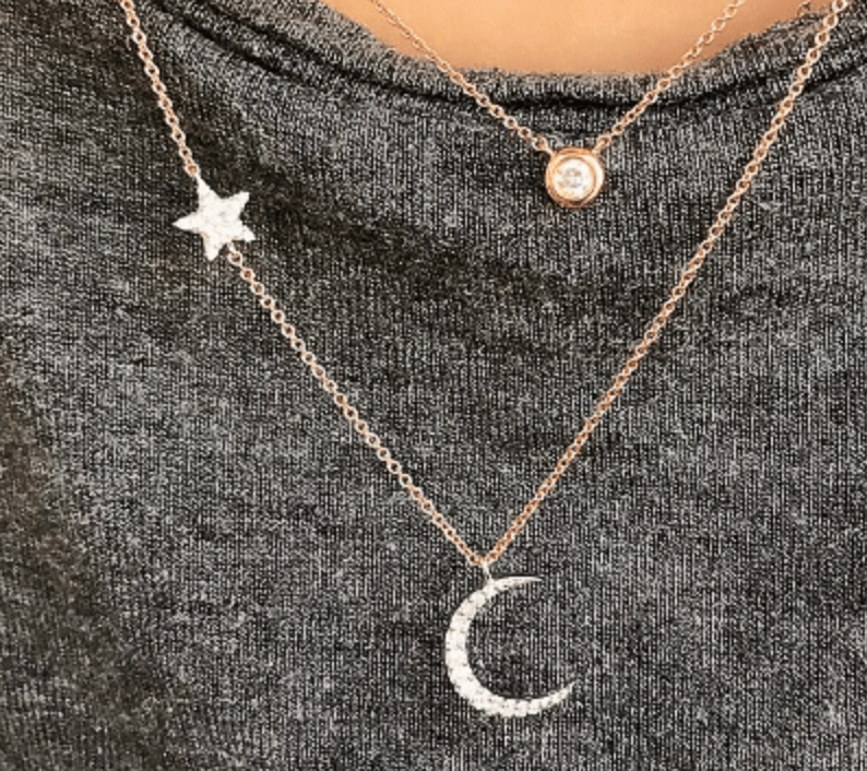 Image of Moon and Star Necklace 14 kt and diamonds 